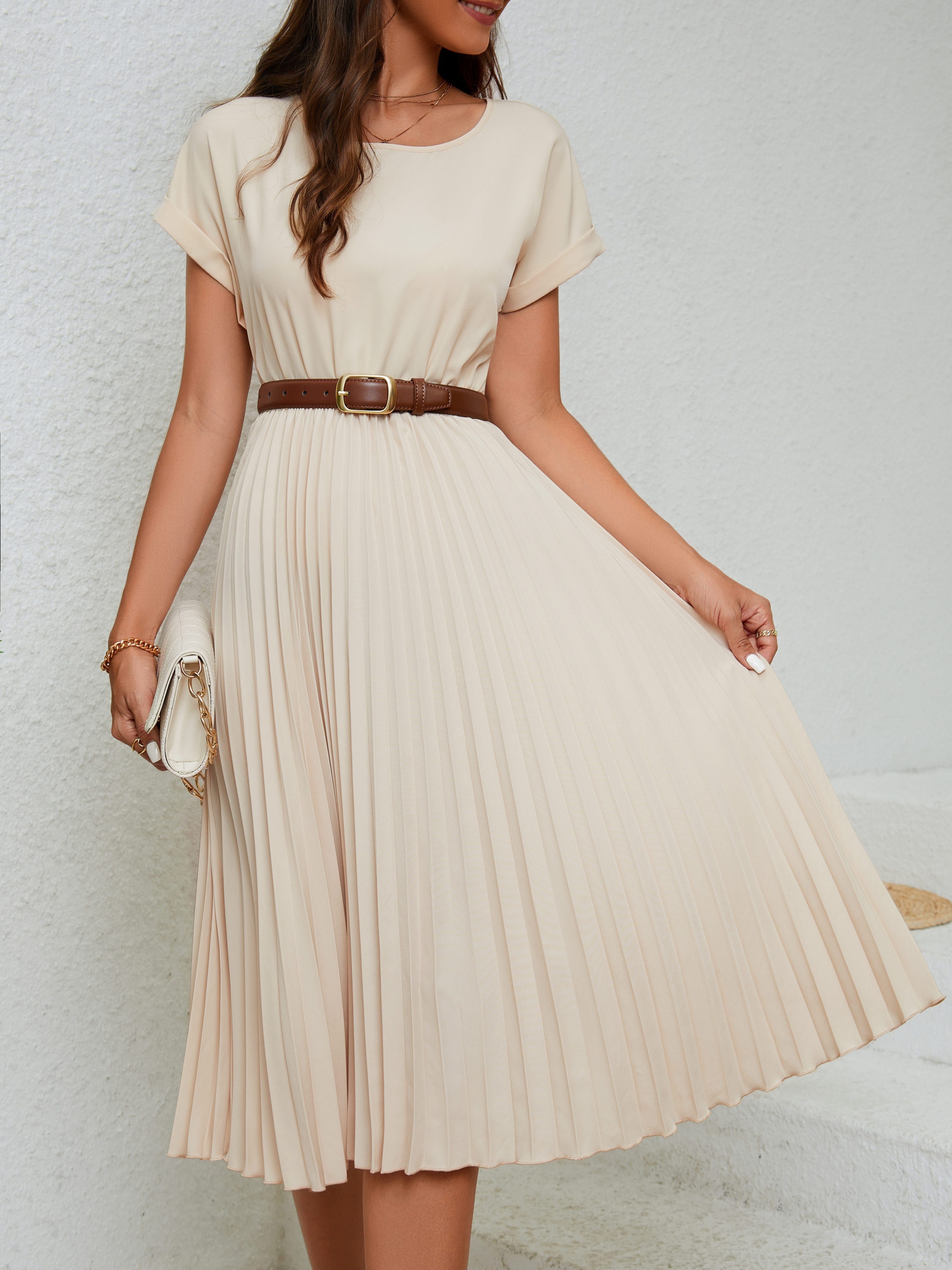 Elegantes Beiges Plissiertes Midi-Kleid für Damen