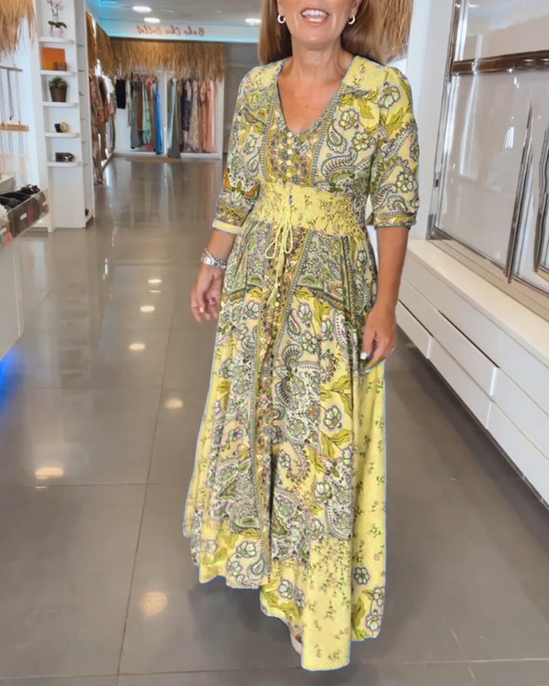 Urlaubskleid mit V-Ausschnitt und Dreiviertelärmeln für Damen