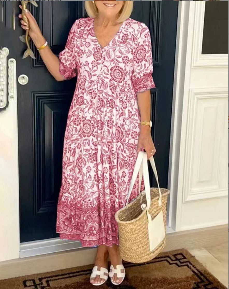 Elegantes Blumenkleid mit V-Ausschnitt Für Damen