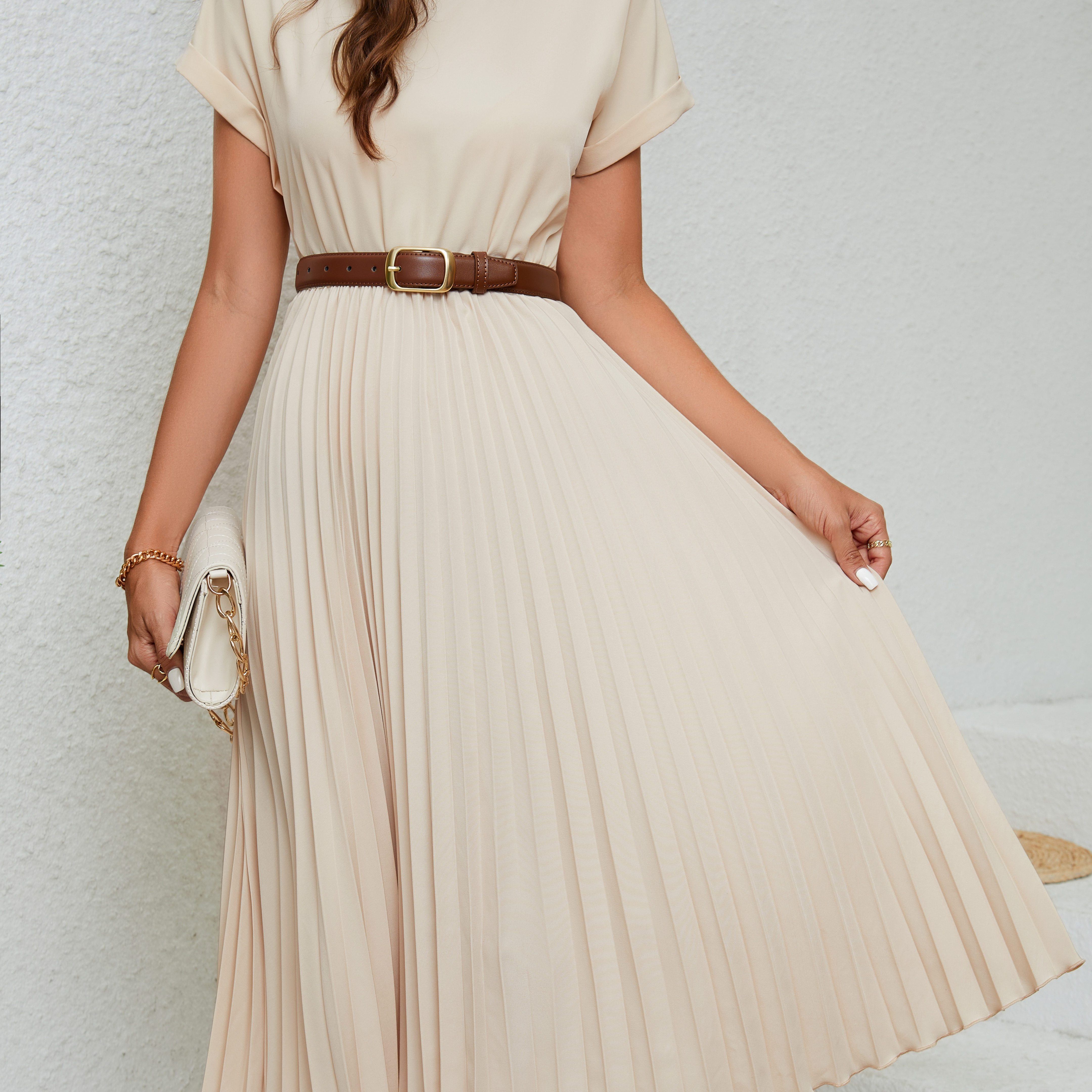 Elegantes Beiges Plissiertes Midi-Kleid für Damen