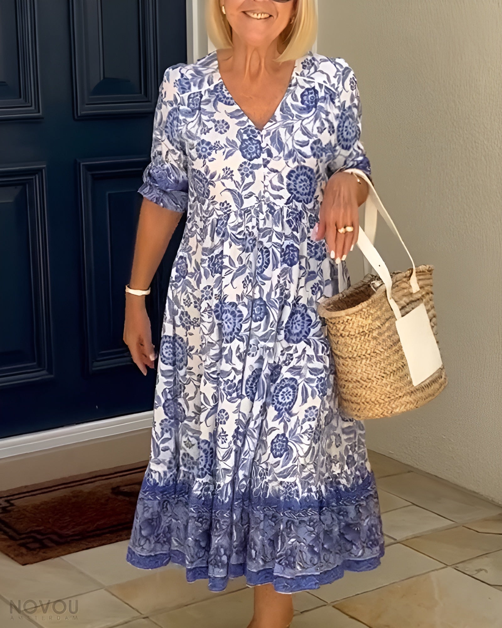 Elegantes Blumenkleid mit V-Ausschnitt Für Damen