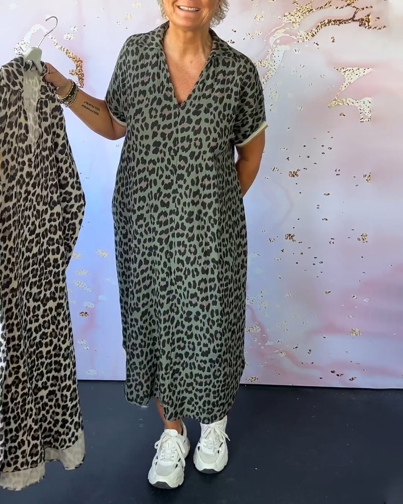 Kurzarmkleid mit V-Ausschnitt und Leopardenmuster für Damen