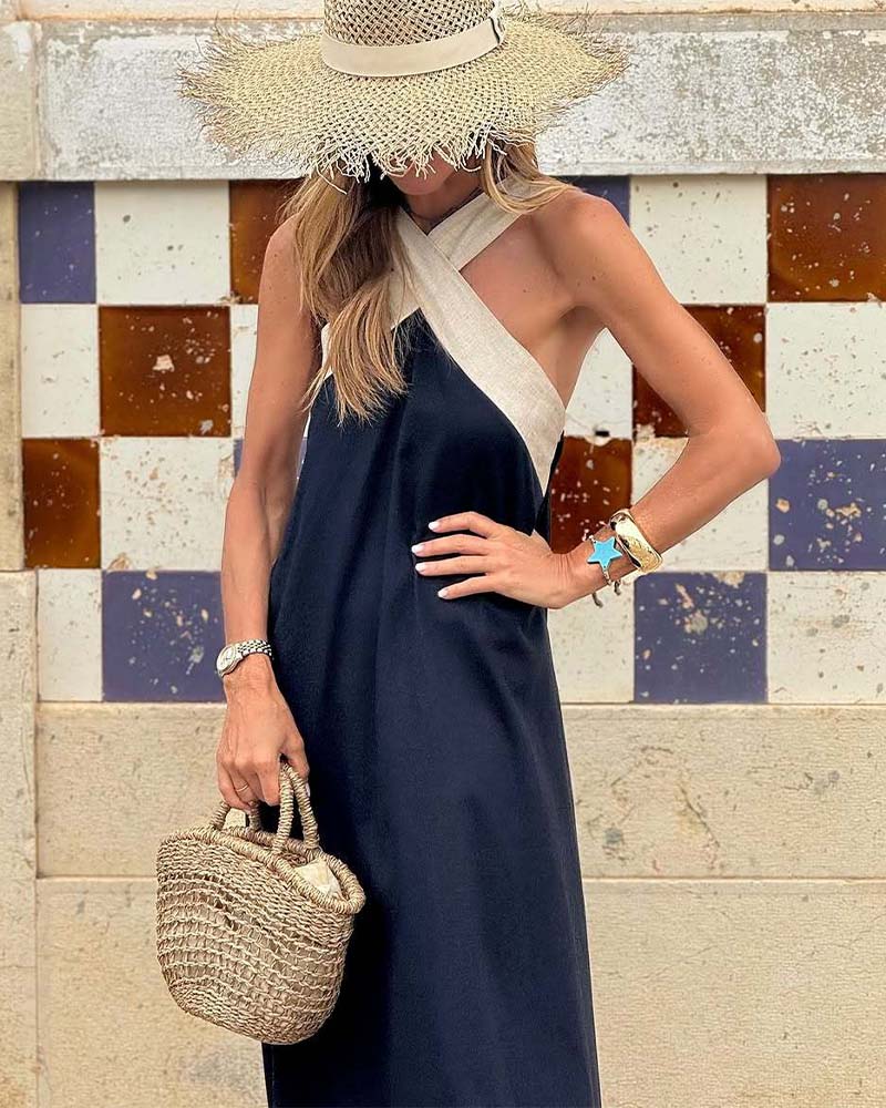 Elegantes Kleid mit gekreuztem Rücken und Kontrastfarben für Damen