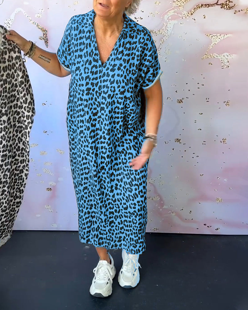 Kurzarmkleid mit V-Ausschnitt und Leopardenmuster für Damen