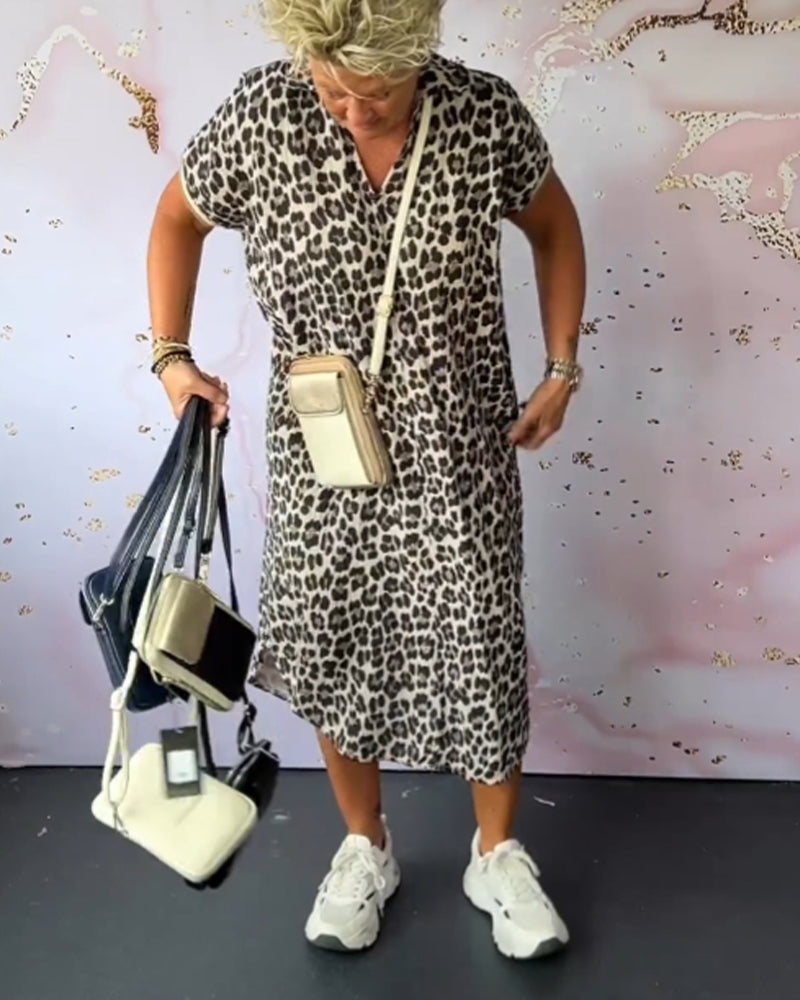 Kurzarmkleid mit V-Ausschnitt und Leopardenmuster für Damen