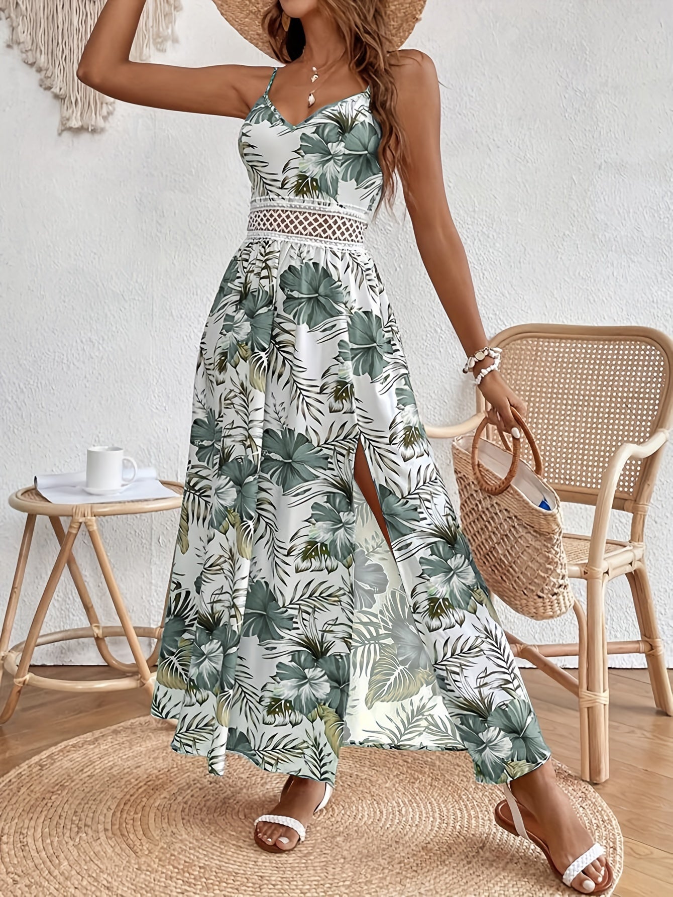 Elegantes Ärmelloses Spaghetti Träger Kleid mit Blumenmuster für Damen