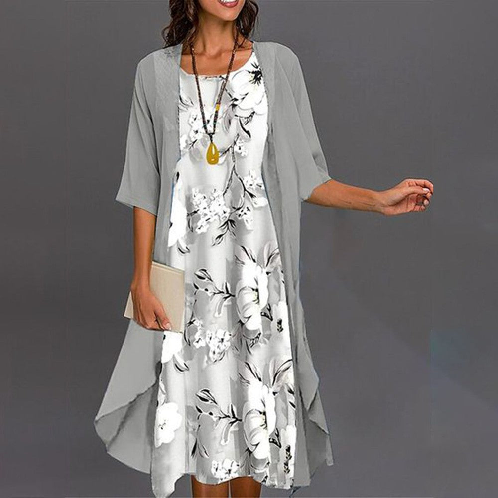 Graues Print Midikleid mit Jacke im Set für Damen