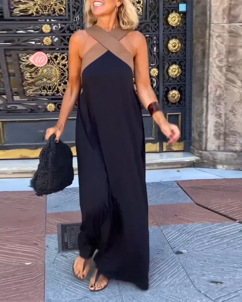 Elegantes Kleid mit gekreuztem Rücken und Kontrastfarben für Damen