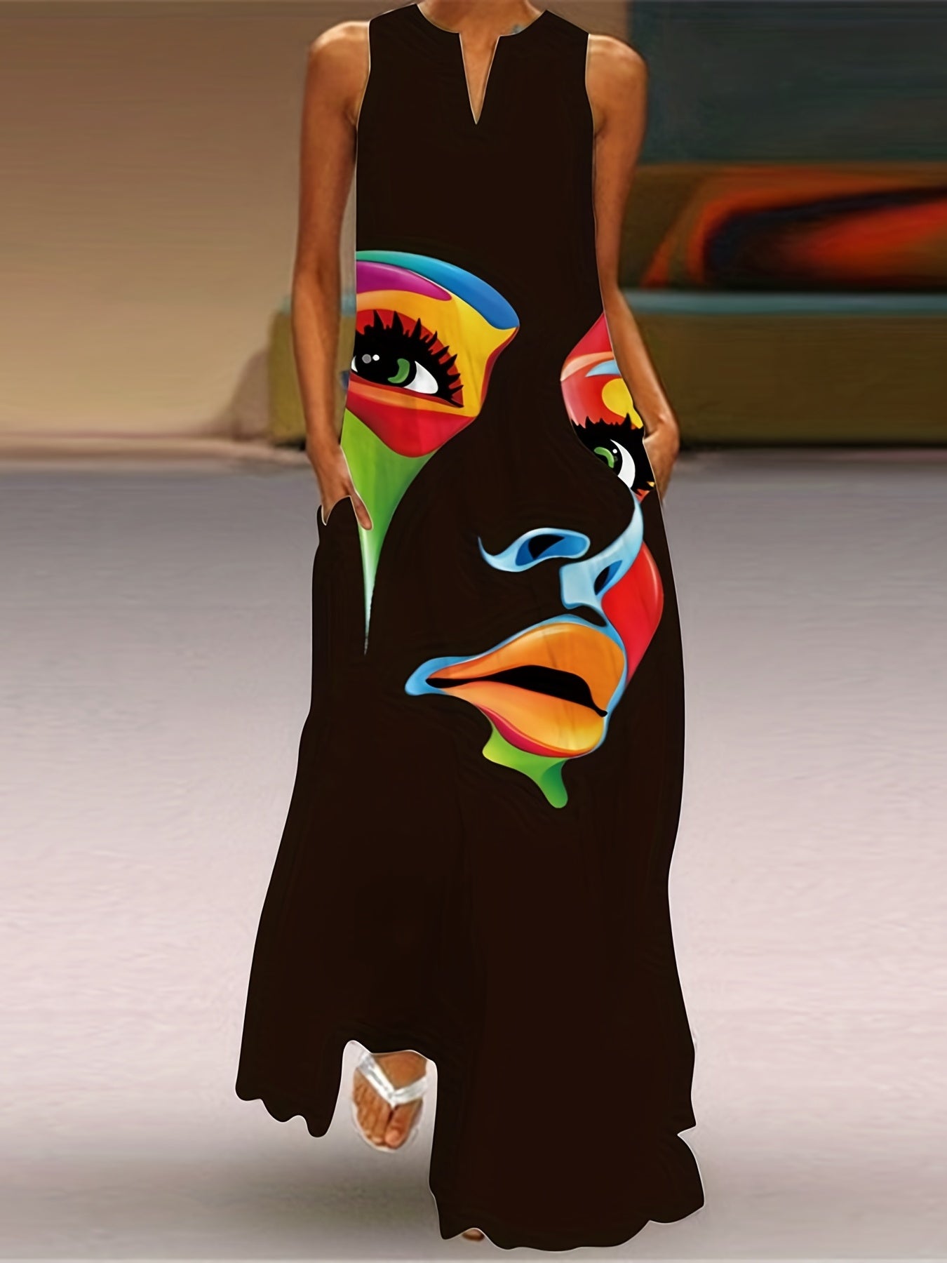 Maxikleid mit Gesichtsdruck für Damen