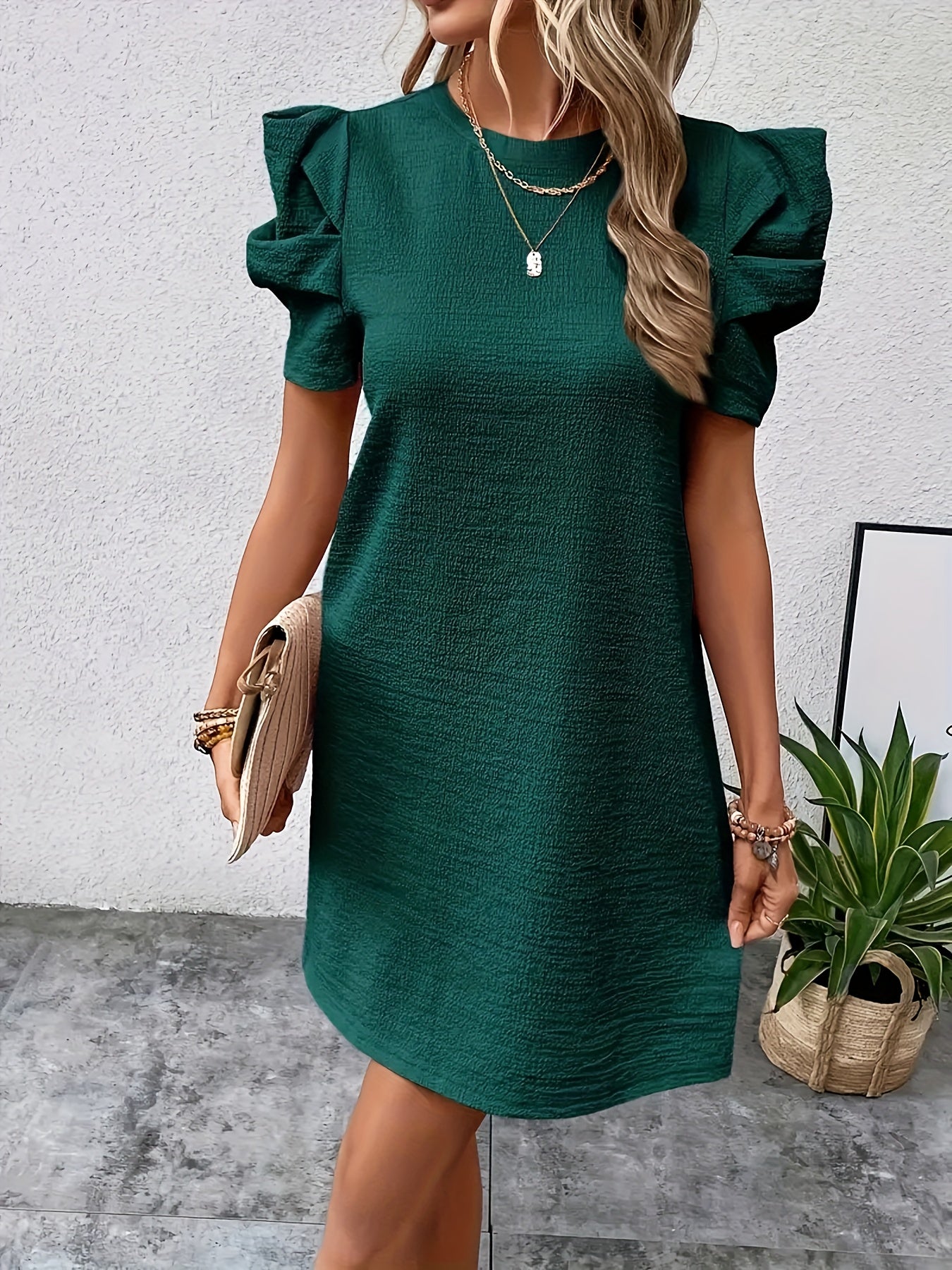 Unifarbenes Kleid mit Blasenärmeln für Damen