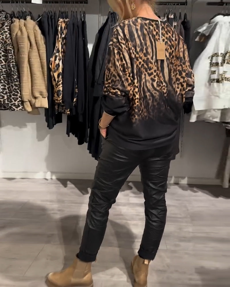 Lässige Bluse mit Leopardenmuster und Rundhalsausschnitt für Damen