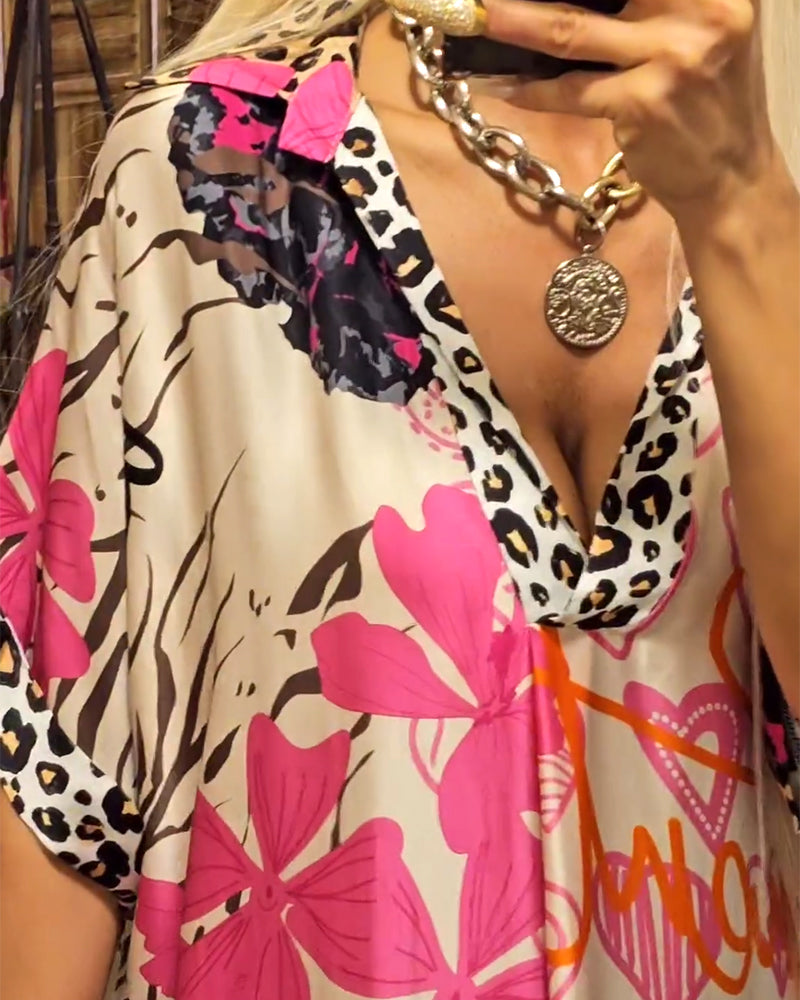 Lässiges Kleid mit tiefem V-Ausschnitt Leoparden und buntem Print für Damen