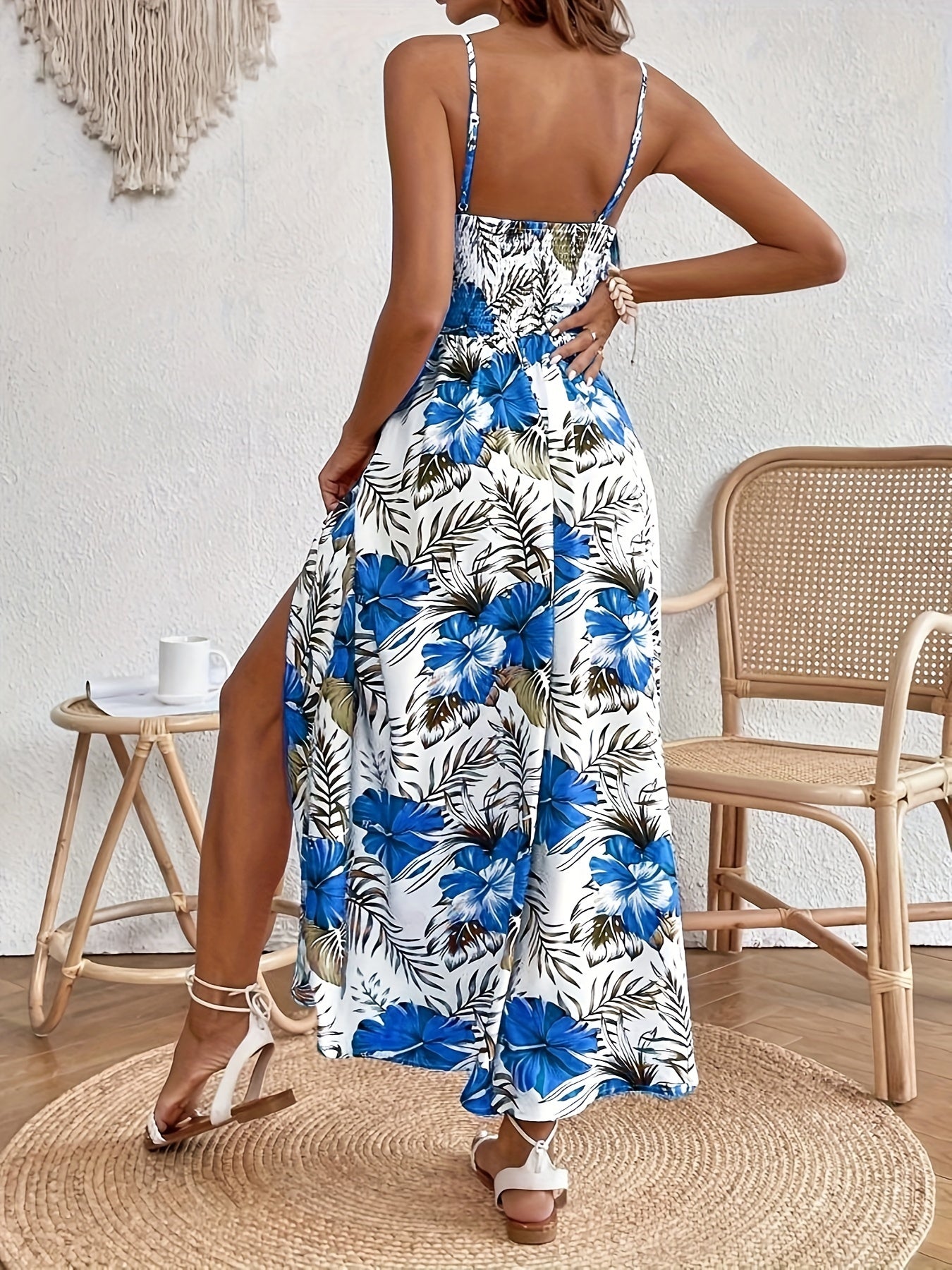Elegantes Ärmelloses Spaghetti Träger Kleid mit Blumenmuster für Damen