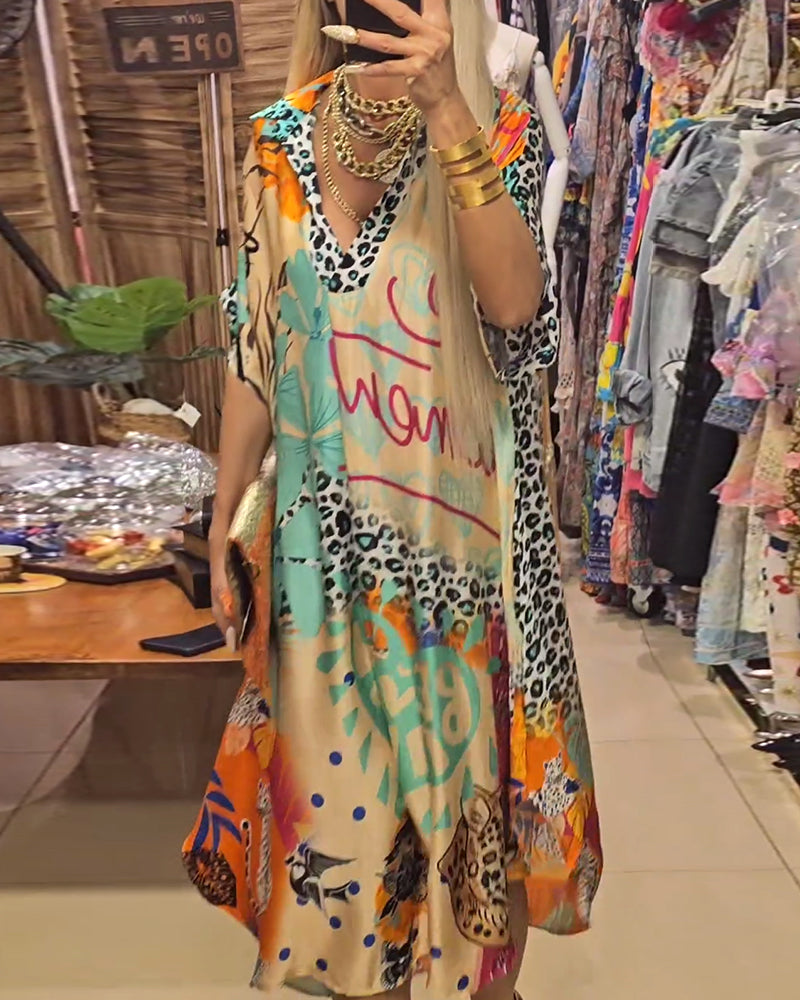 Lässiges Kleid mit tiefem V-Ausschnitt Leoparden und buntem Print für Damen