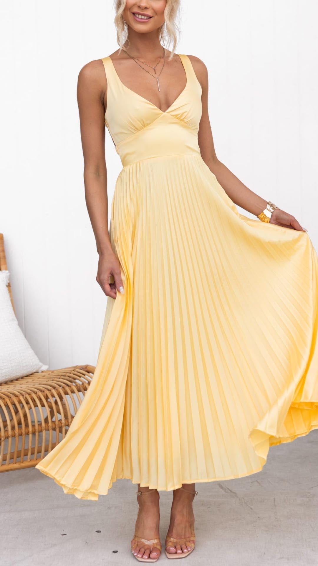 Aby Gelbes Plissée Maxikleid mit V-Ausschnitt für Damen