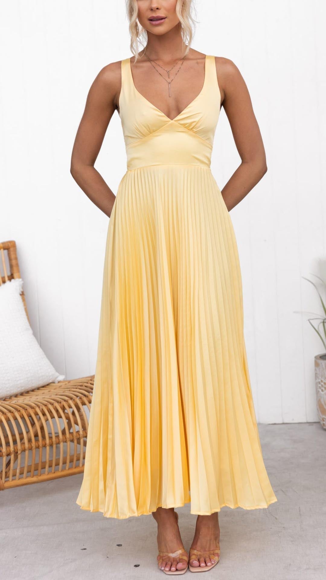 Aby Gelbes Plissée Maxikleid mit V-Ausschnitt für Damen