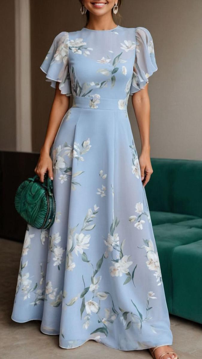 Blaues kurzärmliges Maxikleid mit Rundhalsausschnitt für Damen