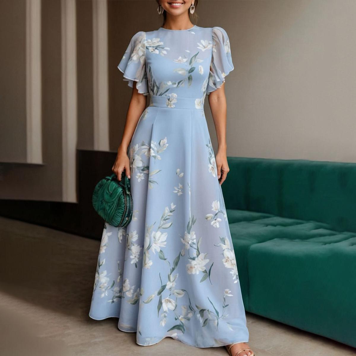 Blaues kurzärmliges Maxikleid mit Rundhalsausschnitt für Damen