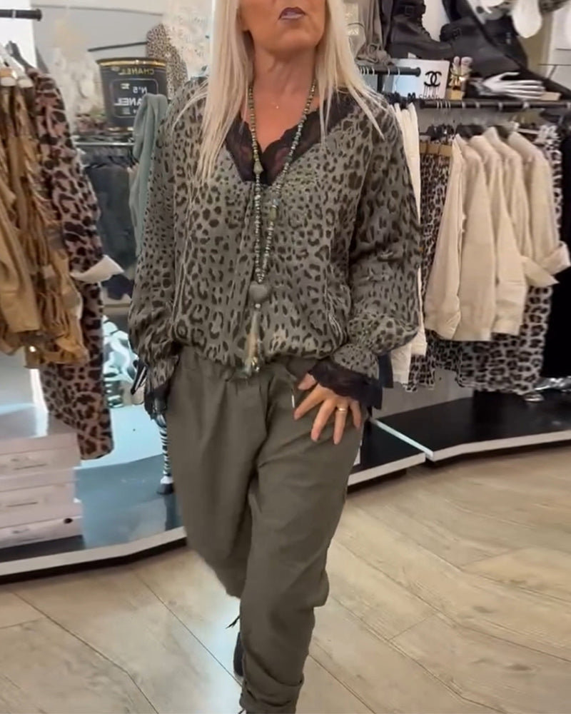 Stylische Bluse mit Leopardenmuster V-Ausschnitt und Patchwork-Spitze für Damen